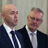 Ulster Unionist Party leader Jon Burrows (left) and Mike Nesbitt at a press conference in January