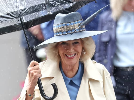 Camilla carrying an umbrella at York Racecourse
