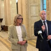 Ulster Unionist leader Jon Burrows speaks to the media in the Great Hall of Parliament Buildings at Stormont, accompanied by deputy leader Diana Armstrong