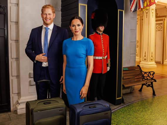 Waxworks of the Duke and Duchess of Sussex which have been temporarily moved to the British culture capital zone at Madame Tussauds London