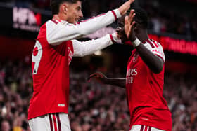Arsenal’s Kai Havertz, left, celebrates with Bukayo Saka after scoring the opening goal against Coventry