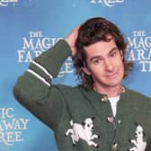 Andrew Garfield wearing a green cardigan with palm trees with his right arm raised over his head at The Magic Faraway Tree special screening
