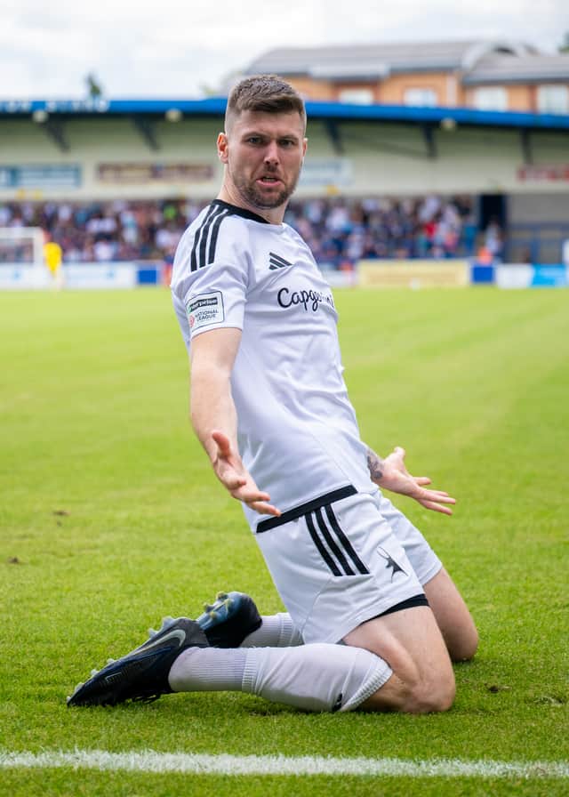 Matty Stenson celebrates during the match between AFC Telford United and Hednesford Town at The SEAH Stadium Picture: Kieran Stoddart