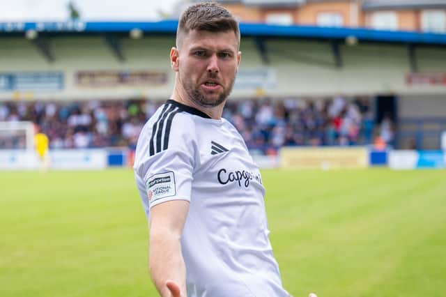 Matty Stenson celebrates during the match between AFC Telford United and Hednesford Town at The SEAH Stadium Picture: Kieran Stoddart