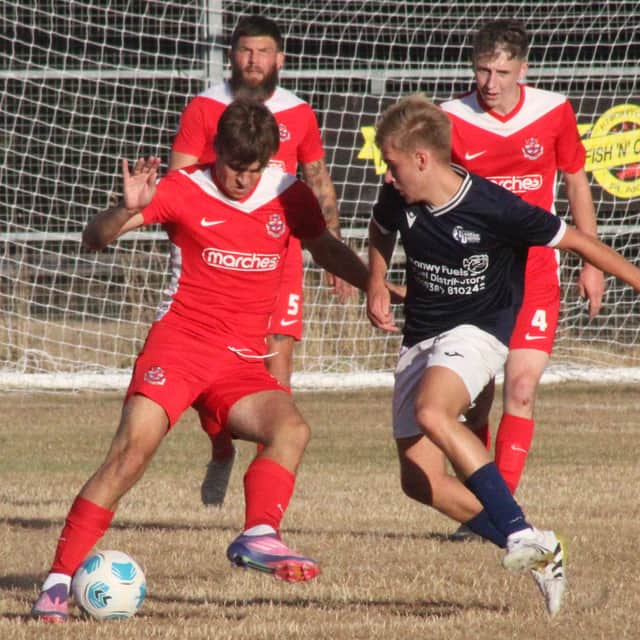 A battle for the ball during Knighton Town's 1-1 draw with Llanfair United Pictures: Stuart Townsend
