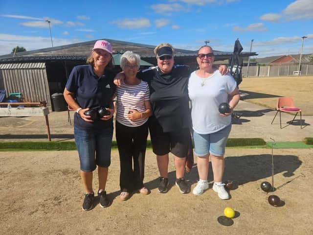 Women's doubles finalists (from left) winners Tina Ralph and Irene Bloore, runners-up Ann Breakwell and Dawn Gray