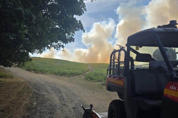 A fire service utility vehicle at the Glascwm fire where firefighters and landowners are working together to create fire breaks.