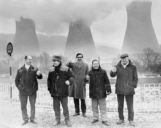 PICTURE FROM THE PAST: Shropshire miners stand in falling snow as they picket outside Ironbridge Power Station on February 1, 1972. The men, from Granville Colliery and members of the National Union of Mineworkers, were described as cheerful and hopeful despite the wintry conditions. Second from right is NUM official Herbie Hirst. Do you remember the miners' pickets at Ironbridge, or recognise anyone else in this picture?