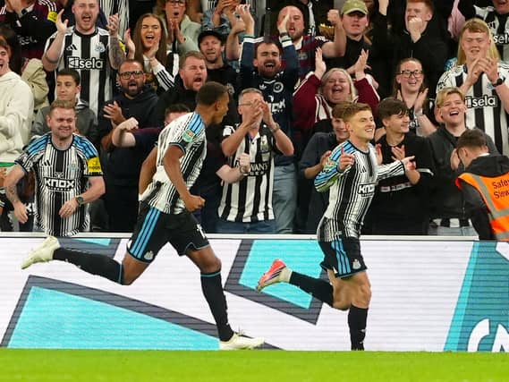 Newcastle’s Harvey Barnes celebrates scoring