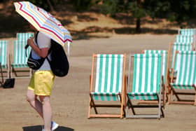 A visitor to Hyde Park in London shields themself from the sun on August 14 2026