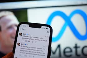 A series of posts by Meta chief executive Mark Zuckerberg on the Threads social media app, outlining his changes to content moderation, on a mobile phone in London