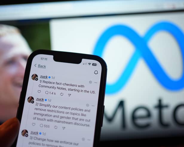 A series of posts by Meta chief executive Mark Zuckerberg on the Threads social media app, outlining his changes to content moderation, on a mobile phone in London