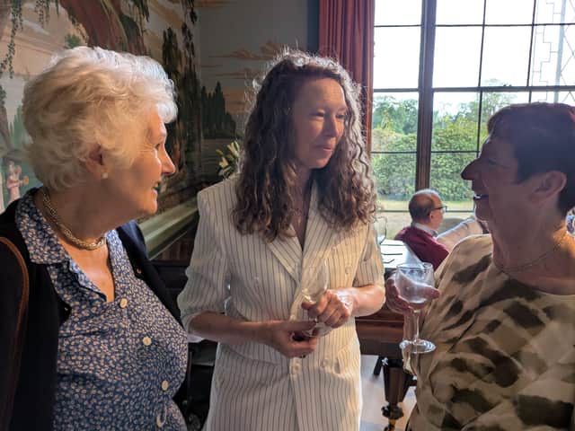 Ellesmere Library volunteers Geraldine Potter and Janet O’Brien with artist Sally Poynton (centre), who has created a new image of Eglantyne to mark her 150th birthday.