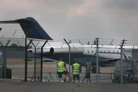 The plane that supposedly transported Prince Harry, Duke of Sussex and Meghan, Duchess of Sussex to the UK, at Birmingham Airport.
