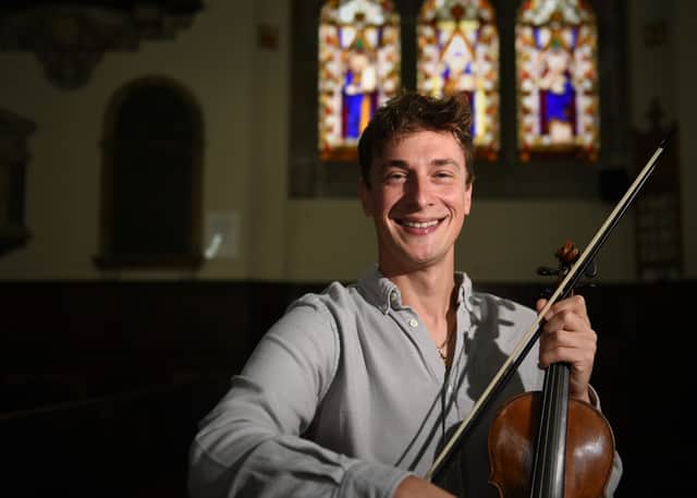 Shropshire violinist Conor Gricmanis at St Alkmund’s Church, Shrewsbury