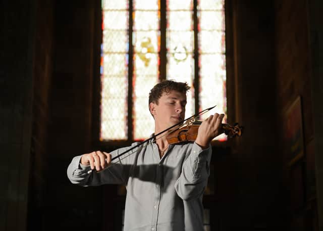 Shropshire violinist Conor Gricmanis at St Alkmund’s Church, Shrewsbury