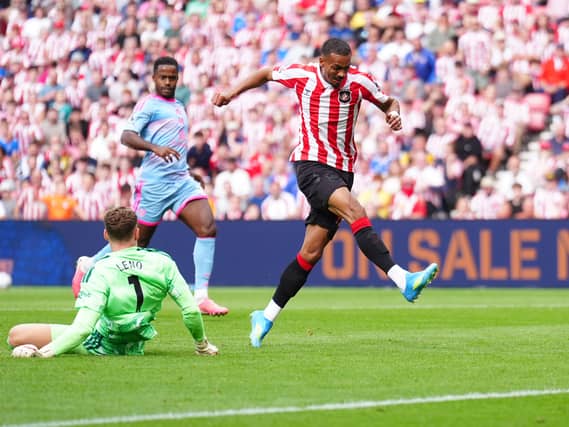Sunderland’s Wilson Isidor scores their side’s first goal against Fulham