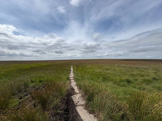 A flagstone path leading through Moorland under a cloudy sky