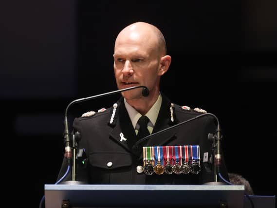 Thames Valley Police Chief, Constable Jason Hogg, makes a speech during an memorial event at Reading Town Hall ahead of an unveiling of a specially commissioned memorial stone in Reading, dedicated to the memory of Police Constable Andrew Harper of Thames Valley Police