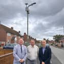 Mark Pritchard MP with councillors Steve Bentley (centre) and  Kevin Connor OBE (right) at the small cell mobile site in High Ercall.