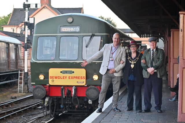The first journey for a new commuter train between Bewdley and Kidderminster. Pictured are train driver Bob Dunn (right), Bewdley mayor Sharon Harvey and Severn Valley Railway chief executive Gus Dunster