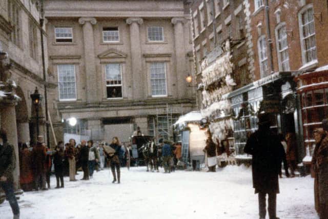 Fake snow was laid during the filming of A Christmas Carol in Shrewsbury centre