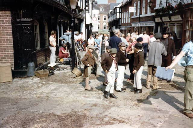 Extras in Butcher Row during the filming of The Pickwick Papers