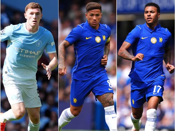 Composite image of, from left, Manchester City's Elliot Anderson, Enzo Fernandez in action for Chelsea and Morgan Rogers