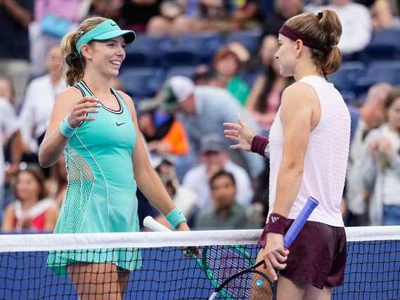 Karolina Muchova, of the Czech Republic, right, greets Katie Boulter, of Britain,