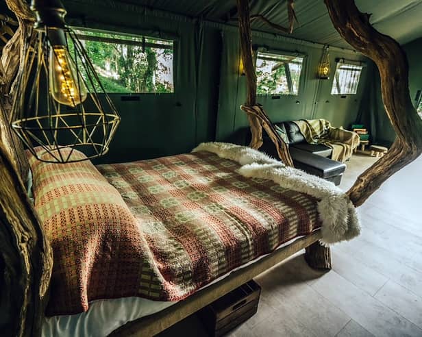 Inside one of six custom built safari tents perched in trees overlooking the River Wye