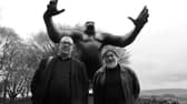 Robert Lloyd and Stewart Lee with the King Kong statue in Penrith