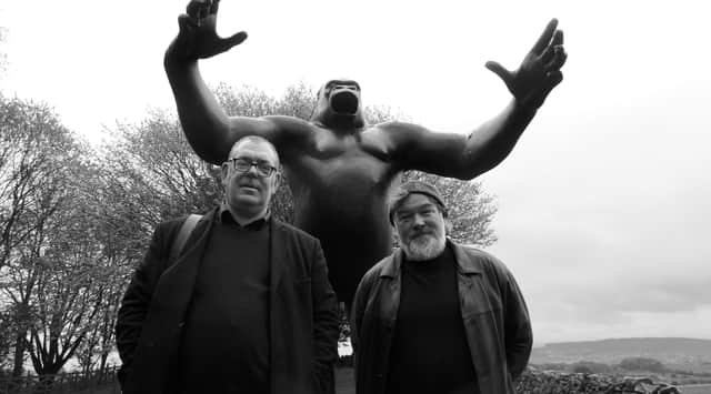 Robert Lloyd and Stewart Lee with the King Kong statue in Penrith