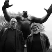 Robert Lloyd and Stewart Lee with the King Kong statue in Penrith