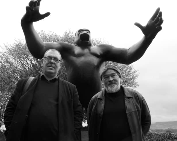 Robert Lloyd and Stewart Lee with the King Kong statue in Penrith