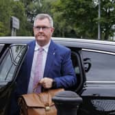 Sir Jeffrey Donaldson arrives at Newry Crown Court during his trial