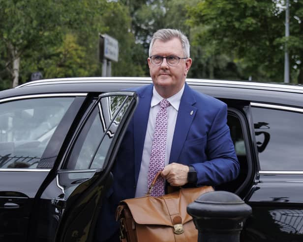 Sir Jeffrey Donaldson arrives at Newry Crown Court during his trial