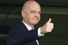Gianni Infantino gives a thumbs up after arriving for the Women's Under-20 World Cup