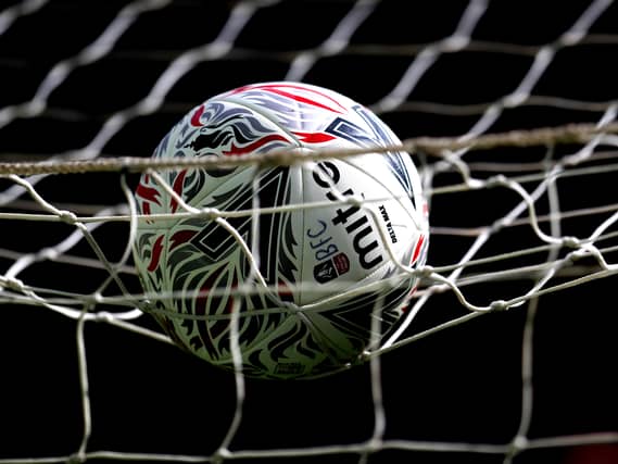 A general view of a matchball in a goalnet