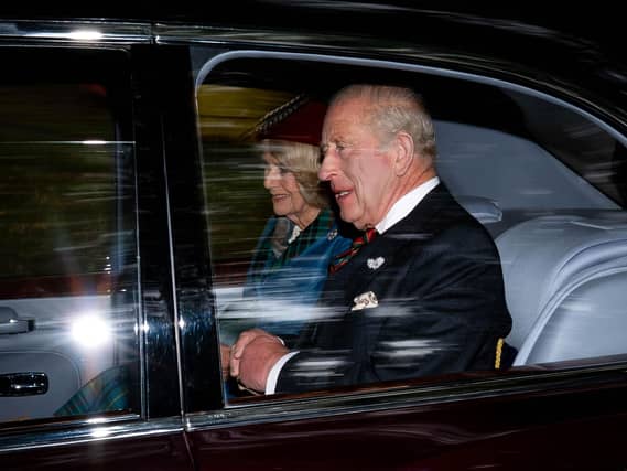 Charles and Camilla departing after a Sunday church service at Crathie Kirk, near Balmoral