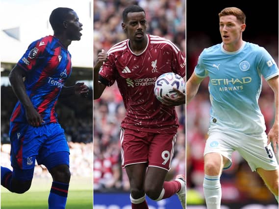 Composite image of Crystal Palace's Tyrick Mitchell, left, and Liverpool's Alexander Isak celebrating goals, and Elliot Anderson, right, on the ball for Manchester City