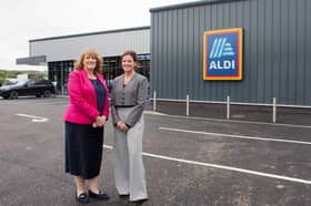 Morris Property's head of development Liz Lowe (left) with Aldi's real estate director Rebecca Dias outside the new store at Ketley Point in Telford