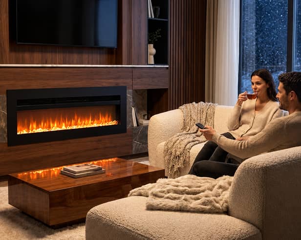 The electric fireplace offers 12 flame colours, five brightness levels and two heat settings