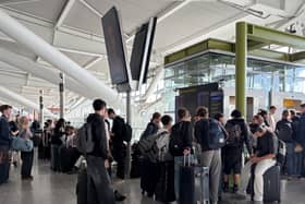 Passengers at Terminal 5 Heathrow , after flights were cancelled on Tuesday because of a UK air traffic control issue.