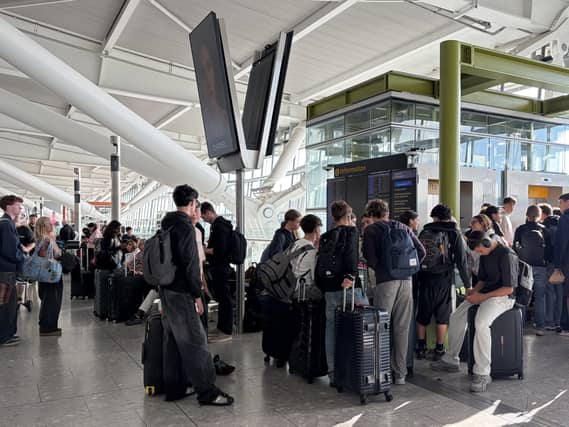 Passengers at Terminal 5 Heathrow , after flights were cancelled on Tuesday because of a UK air traffic control issue.