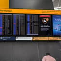 A departure board at Terminal 5 Heathrow after flights were cancelled on Tuesday because of a UK air traffic control issue