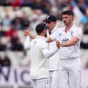 Josh Tongue celebrates the wicket of Saud Shakeel