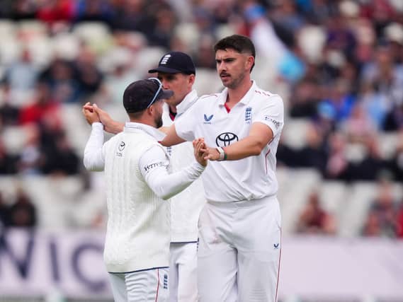 Josh Tongue celebrates the wicket of Saud Shakeel