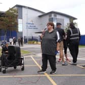 Protesters outside an RNLI base