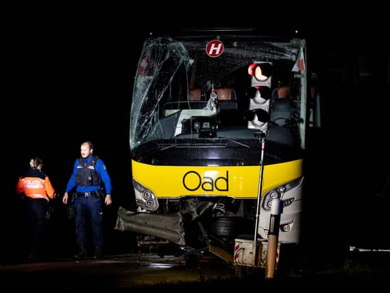 The smashed front of the bus