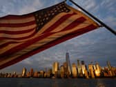 An American flag over Manhattan
